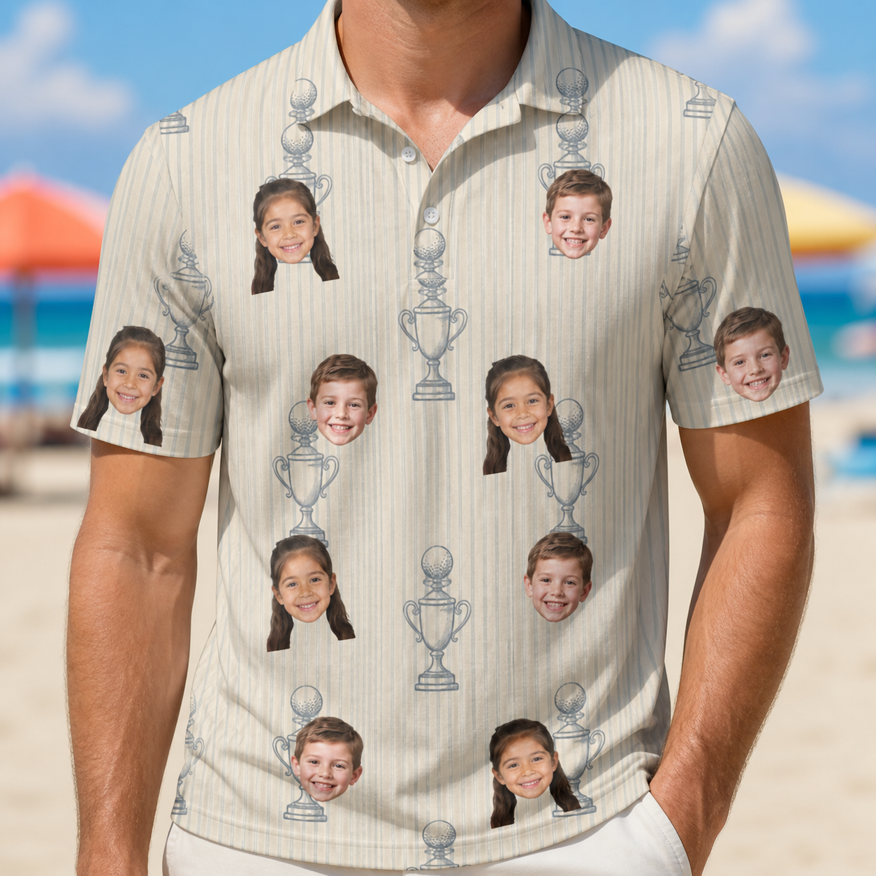Model wearing Men's Podium Putters Custom Face Polo Shirt printed with kids' faces