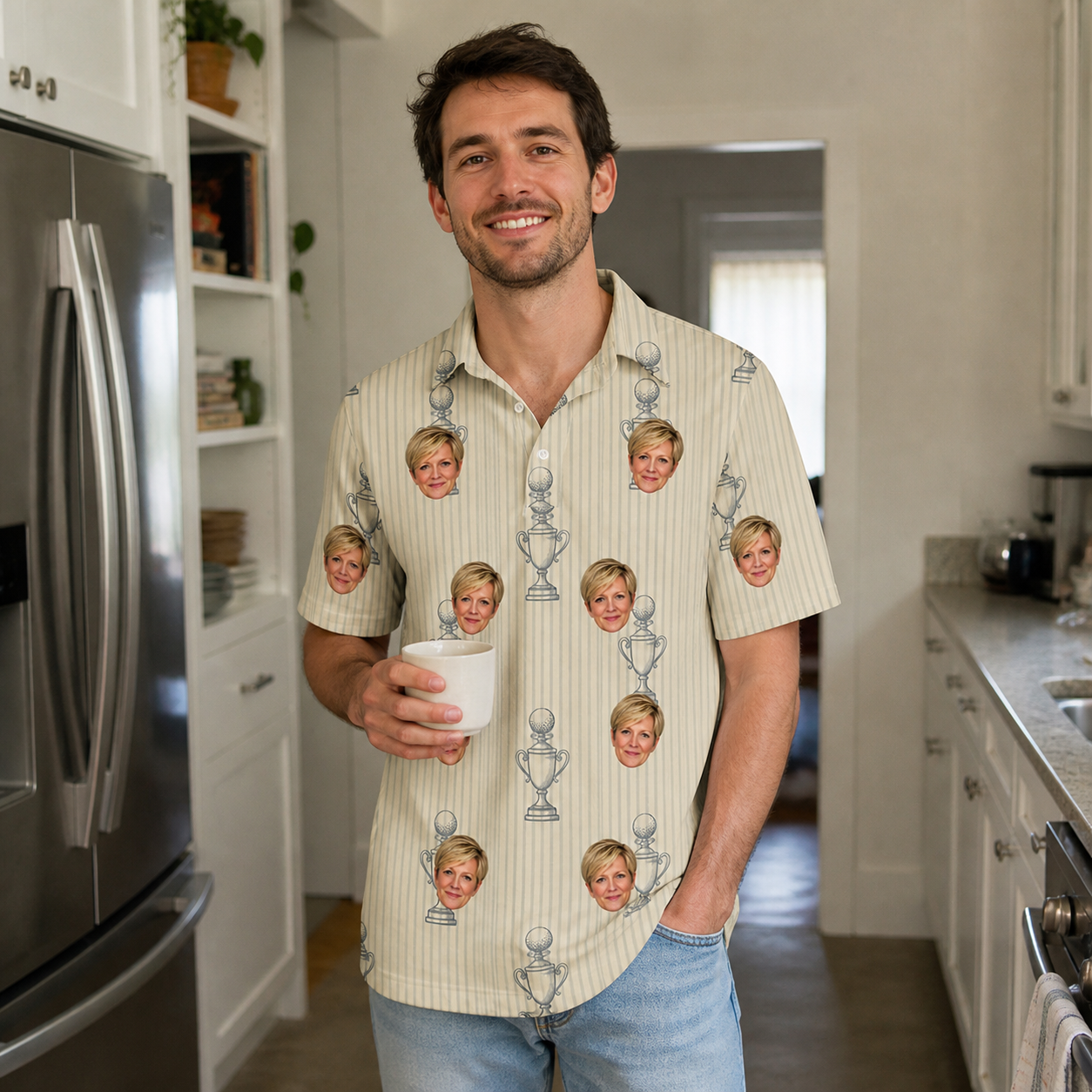 Real-life photo of someone wearing Men's Podium Putters Custom Face Polo Shirt — custom faces printed all-over