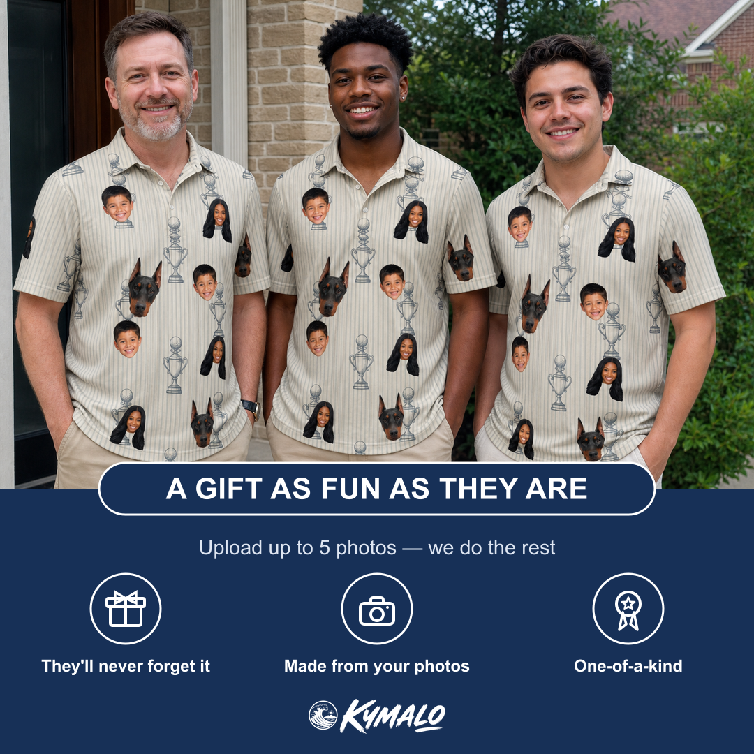 Friends in matching Men's Podium Putters Custom Face Polo Shirt — a group gift photo