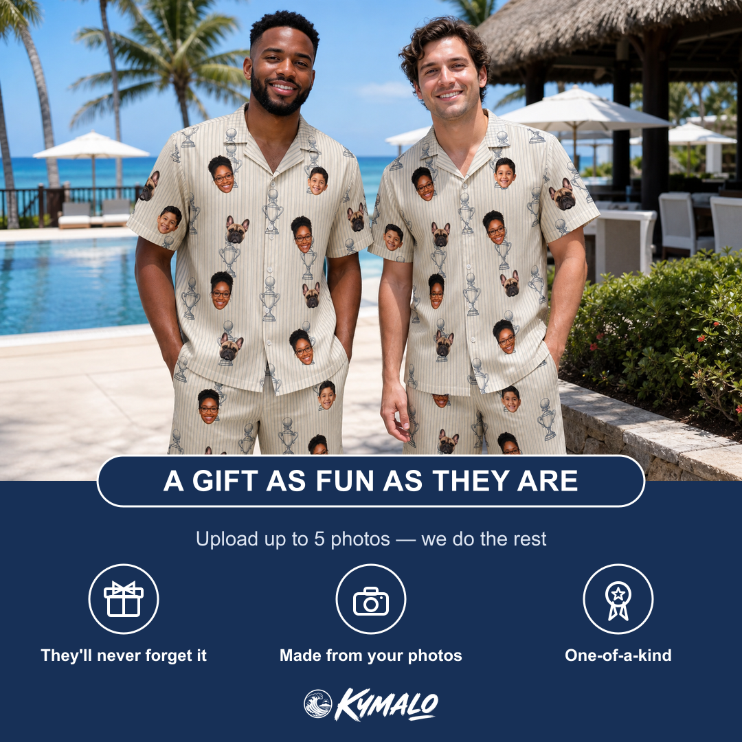 Friends in matching Men's Podium Putters Custom Face Shirt & Shorts Set — a group gift photo