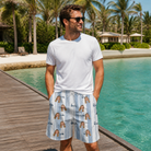 Real-life photo of someone wearing Men's Foreward Motion Custom Face Beach Shorts — custom faces printed all-over