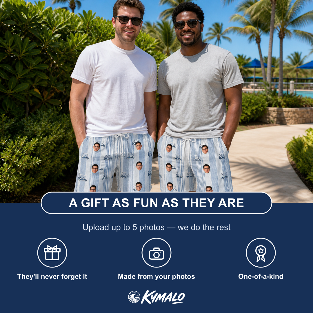 Friends in matching Men's Foreward Motion Custom Face Beach Shorts — a group gift photo