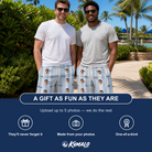Friends in matching Men's Foreward Motion Custom Face Beach Shorts — a group gift photo