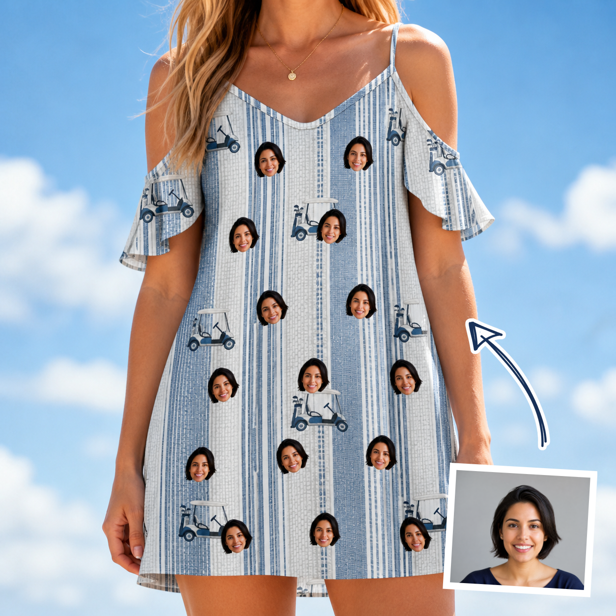 Woman wearing Women's Foreward Motion Custom Face Off-Shoulder Dress — custom faces printed all-over