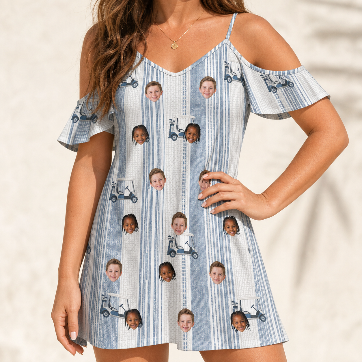 Model wearing Women's Foreward Motion Custom Face Off-Shoulder Dress printed with kids' faces
