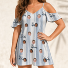 Model wearing Women's Foreward Motion Custom Face Off-Shoulder Dress printed with kids' faces