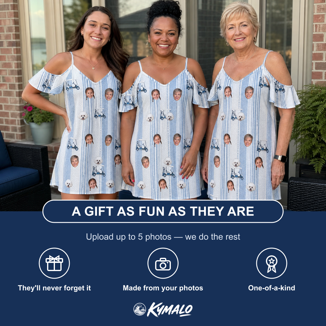 Friends in matching Women's Foreward Motion Custom Face Off-Shoulder Dress — a group gift photo