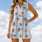 Model wearing Women's Foreward Motion Custom Face V-Neck Dress printed with kids' faces