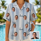 Woman wearing Women's Foreward Motion Custom Face Hawaiian Shirt — custom faces printed all-over