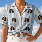 Woman wearing Women's Foreward Motion Custom Face Hawaiian Shirt tied at the waist