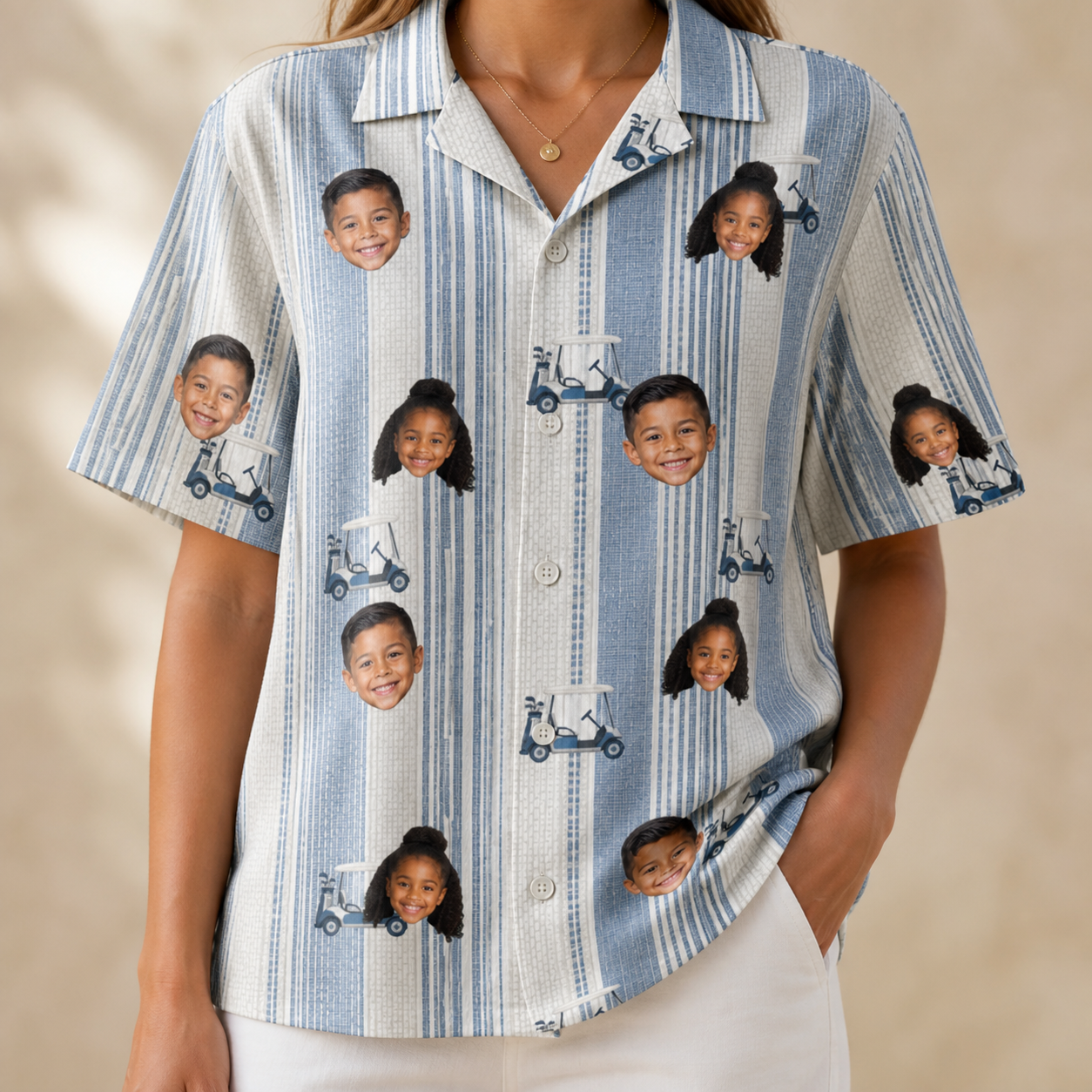 Model wearing Women's Foreward Motion Custom Face Hawaiian Shirt printed with kids' faces