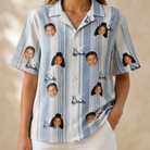 Model wearing Women's Foreward Motion Custom Face Hawaiian Shirt printed with kids' faces