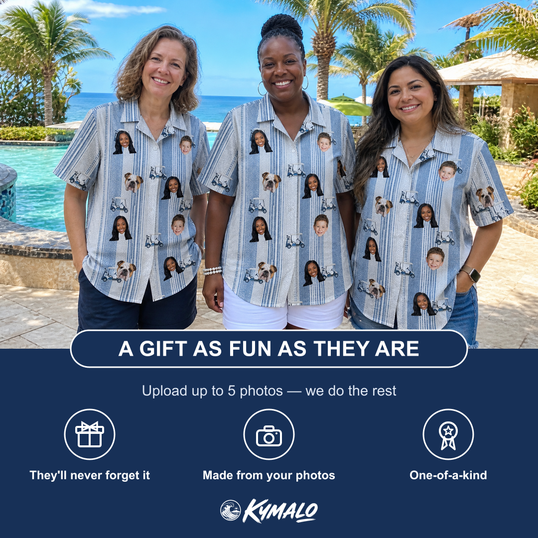 Friends in matching Women's Foreward Motion Custom Face Hawaiian Shirt — a group gift photo