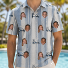 Model wearing Men's Foreward Motion Custom Face Polo Shirt printed with kids' faces