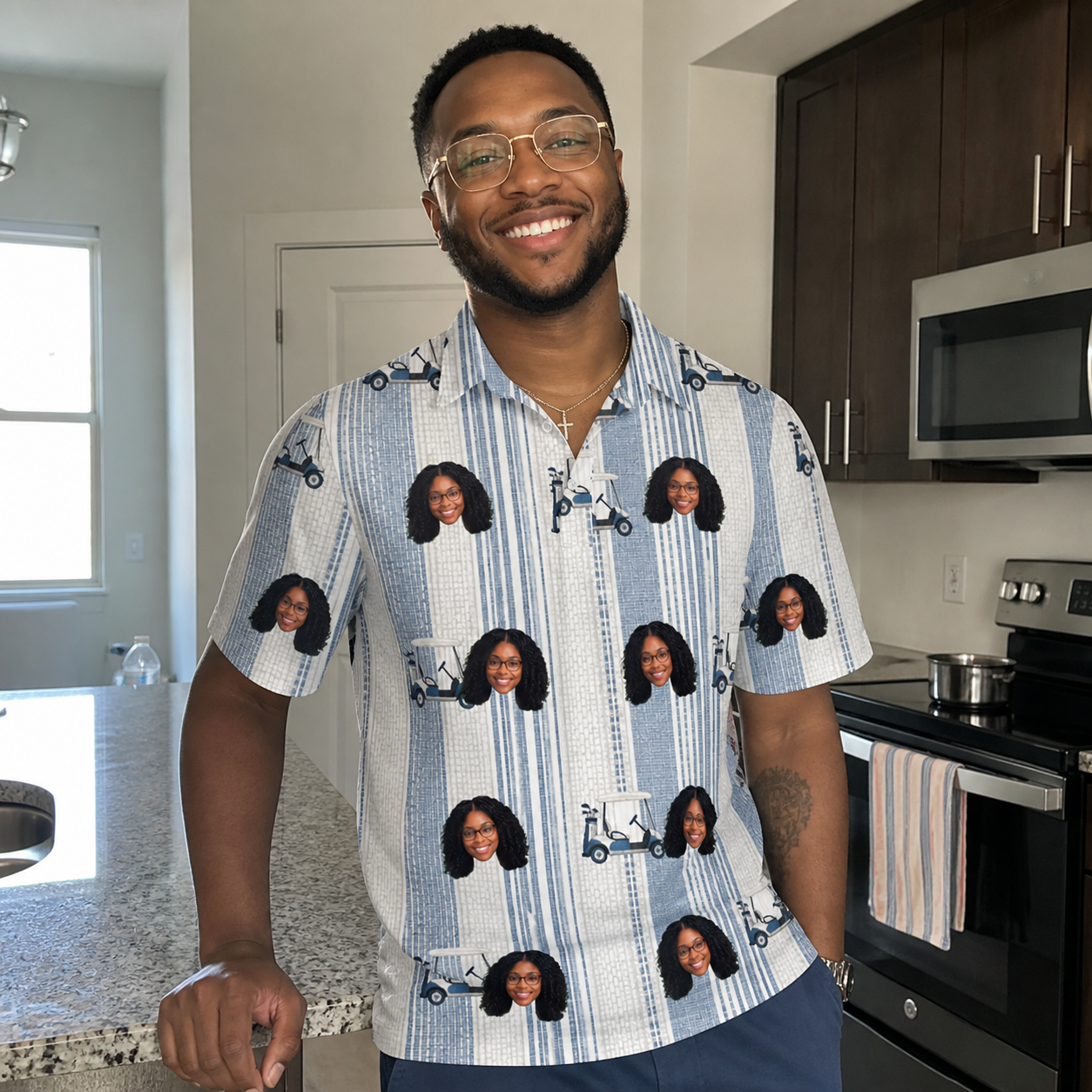 Real-life photo of someone wearing Men's Foreward Motion Custom Face Polo Shirt — custom faces printed all-over