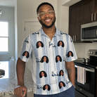 Real-life photo of someone wearing Men's Foreward Motion Custom Face Polo Shirt — custom faces printed all-over