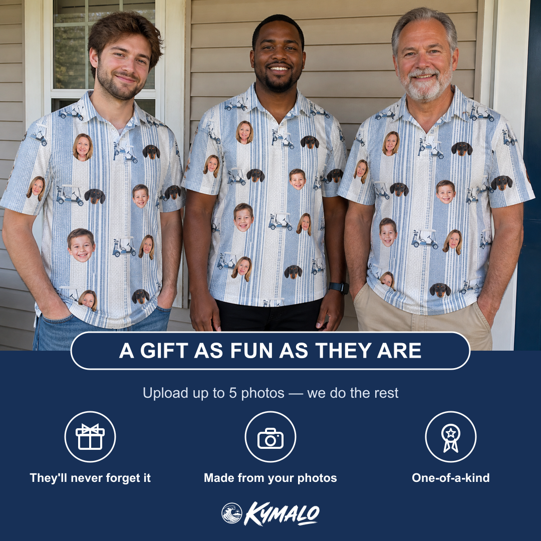 Friends in matching Men's Foreward Motion Custom Face Polo Shirt — a group gift photo