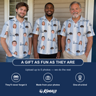 Friends in matching Men's Foreward Motion Custom Face Polo Shirt — a group gift photo