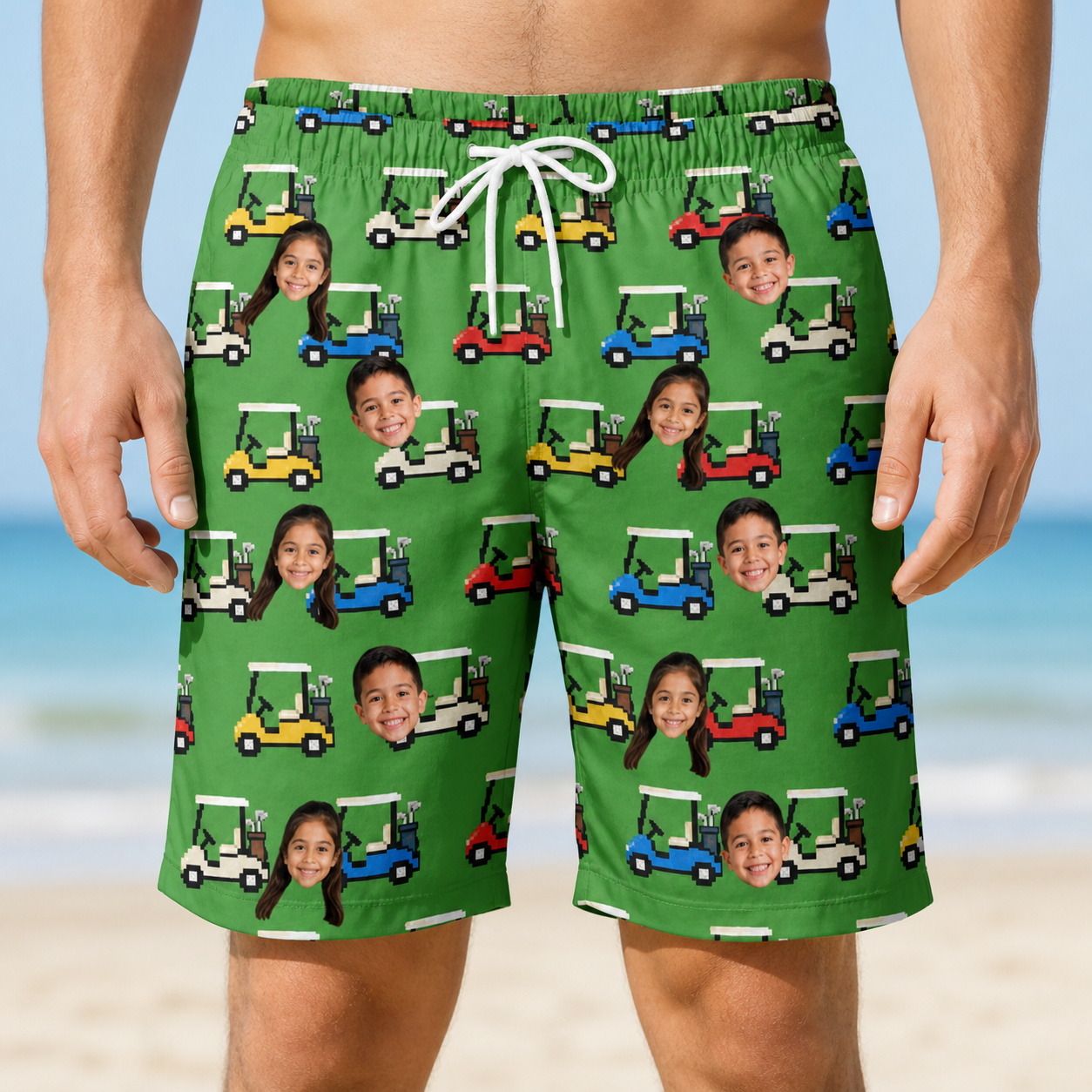 Model wearing Men's Course Cruisers Custom Face Beach Shorts printed with kids' faces