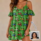 Woman wearing Women's Course Cruisers Custom Face Off-Shoulder Dress — custom faces printed all-over