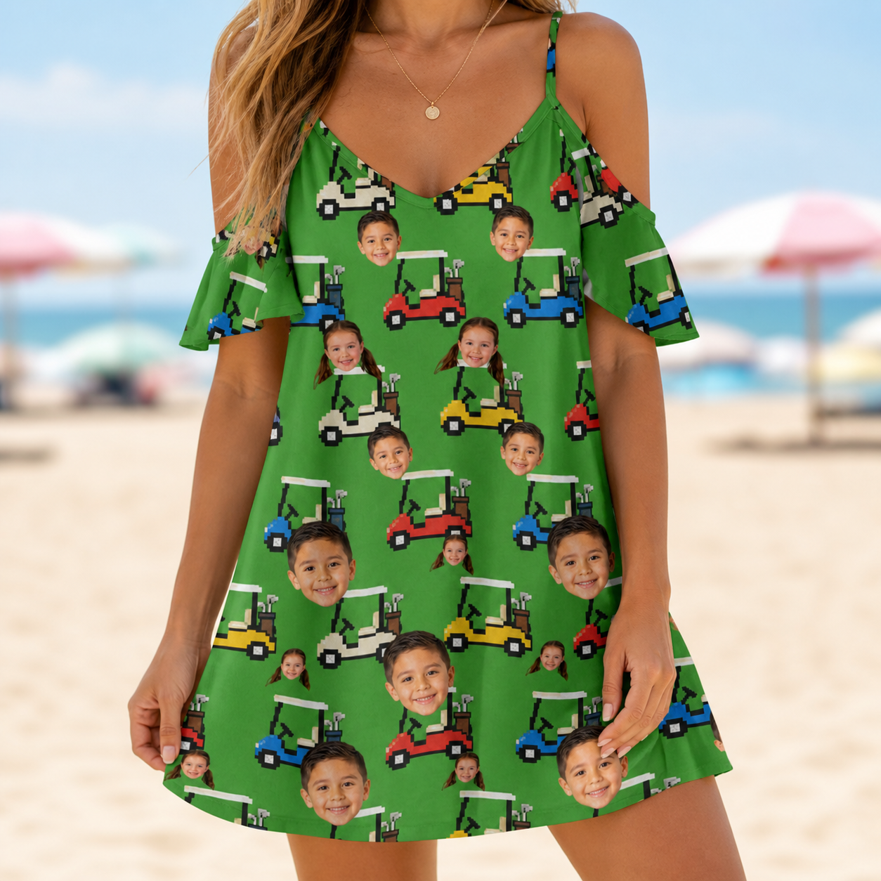 Model wearing Women's Course Cruisers Custom Face Off-Shoulder Dress printed with kids' faces