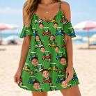 Model wearing Women's Course Cruisers Custom Face Off-Shoulder Dress printed with kids' faces