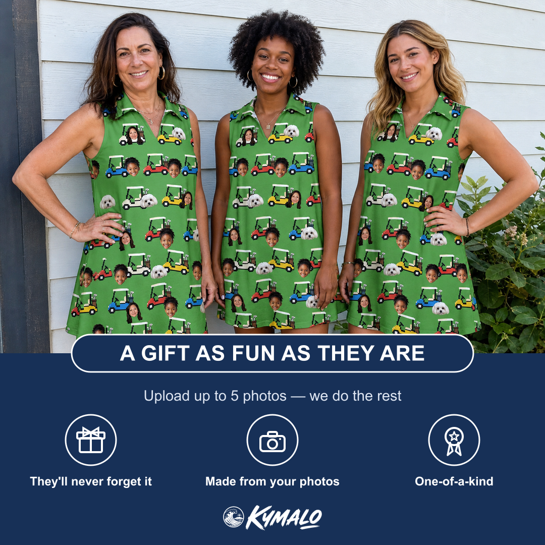 Friends in matching Women's Course Cruisers Custom Face V-Neck Dress — a group gift photo