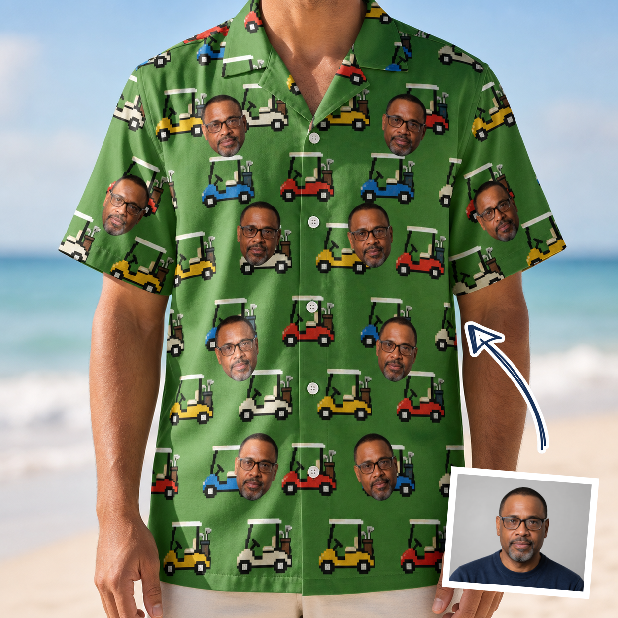 Man wearing Men's Course Cruisers Custom Face Hawaiian Shirt — custom faces printed all-over