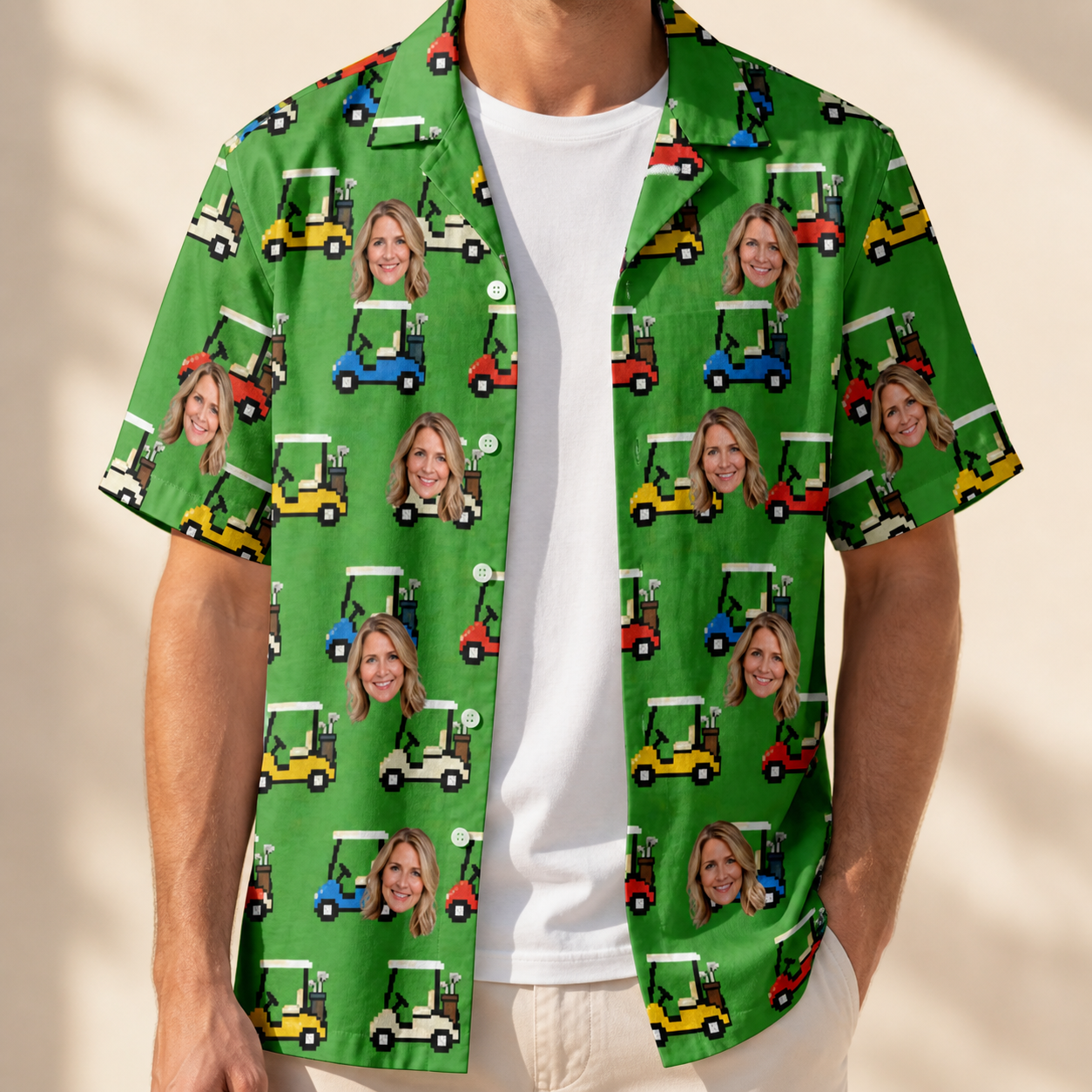 Man wearing Men's Course Cruisers Custom Face Hawaiian Shirt open over a white tee