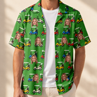 Man wearing Men's Course Cruisers Custom Face Hawaiian Shirt open over a white tee