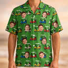 Model wearing Men's Course Cruisers Custom Face Hawaiian Shirt printed with kids' faces