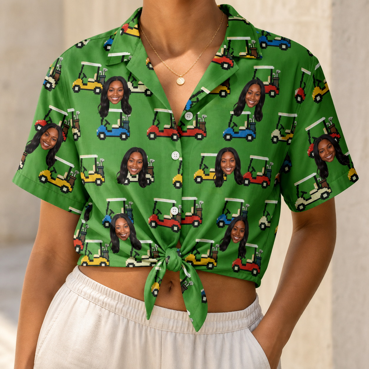 Woman wearing Women's Course Cruisers Custom Face Hawaiian Shirt tied at the waist