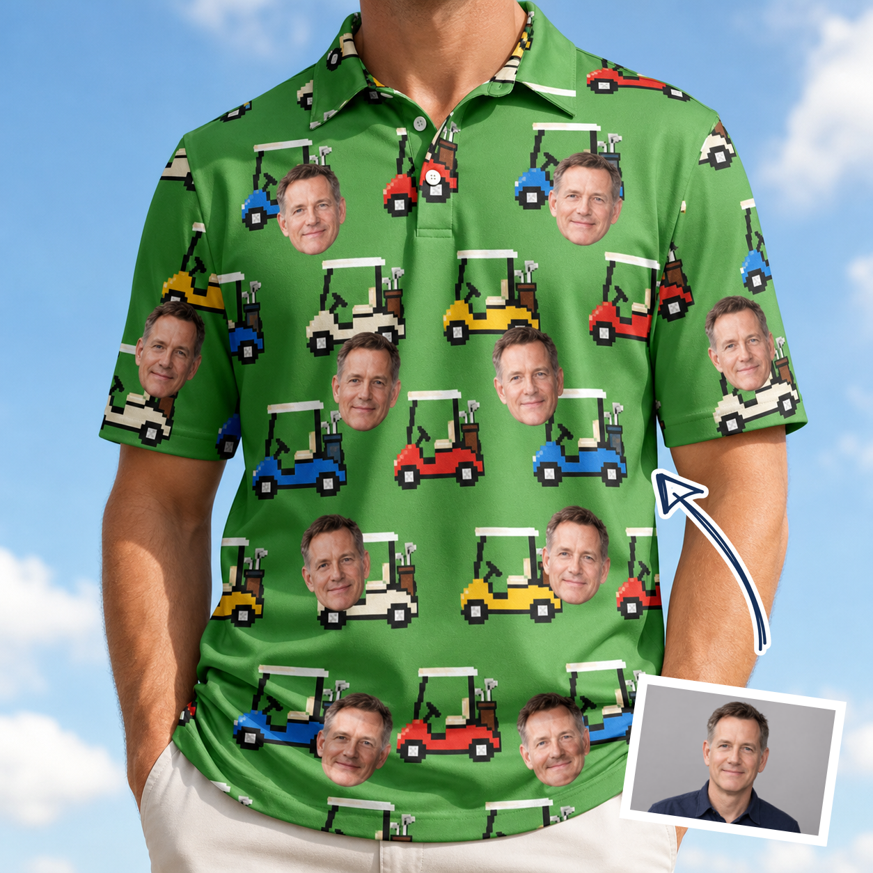 Man wearing Men's Course Cruisers Custom Face Polo Shirt — custom faces printed all-over