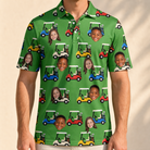 Model wearing Men's Course Cruisers Custom Face Polo Shirt printed with kids' faces