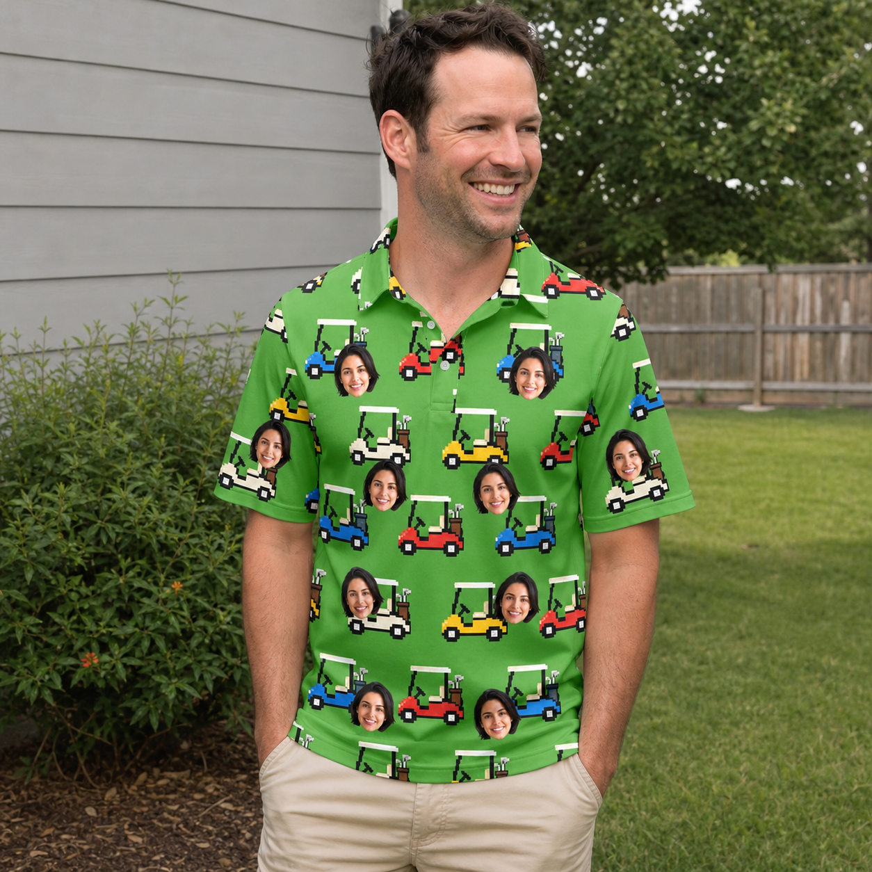 Real-life photo of someone wearing Men's Course Cruisers Custom Face Polo Shirt — custom faces printed all-over