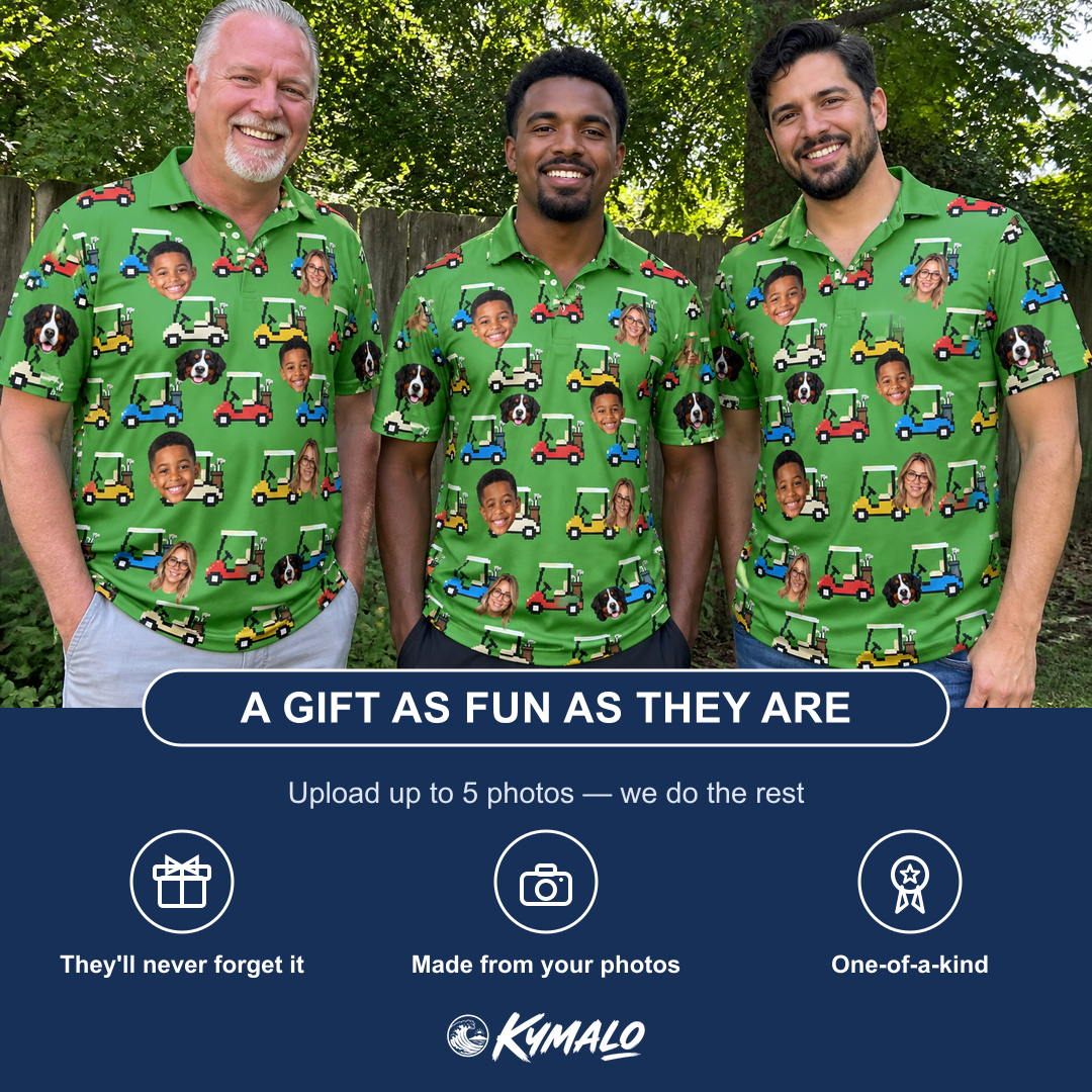 Friends in matching Men's Course Cruisers Custom Face Polo Shirt — a group gift photo