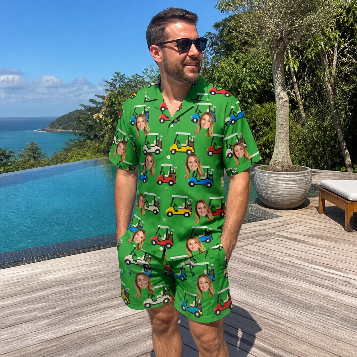 Real-life photo of someone wearing Men's Course Cruisers Custom Face Shirt & Shorts Set — custom faces printed all-over