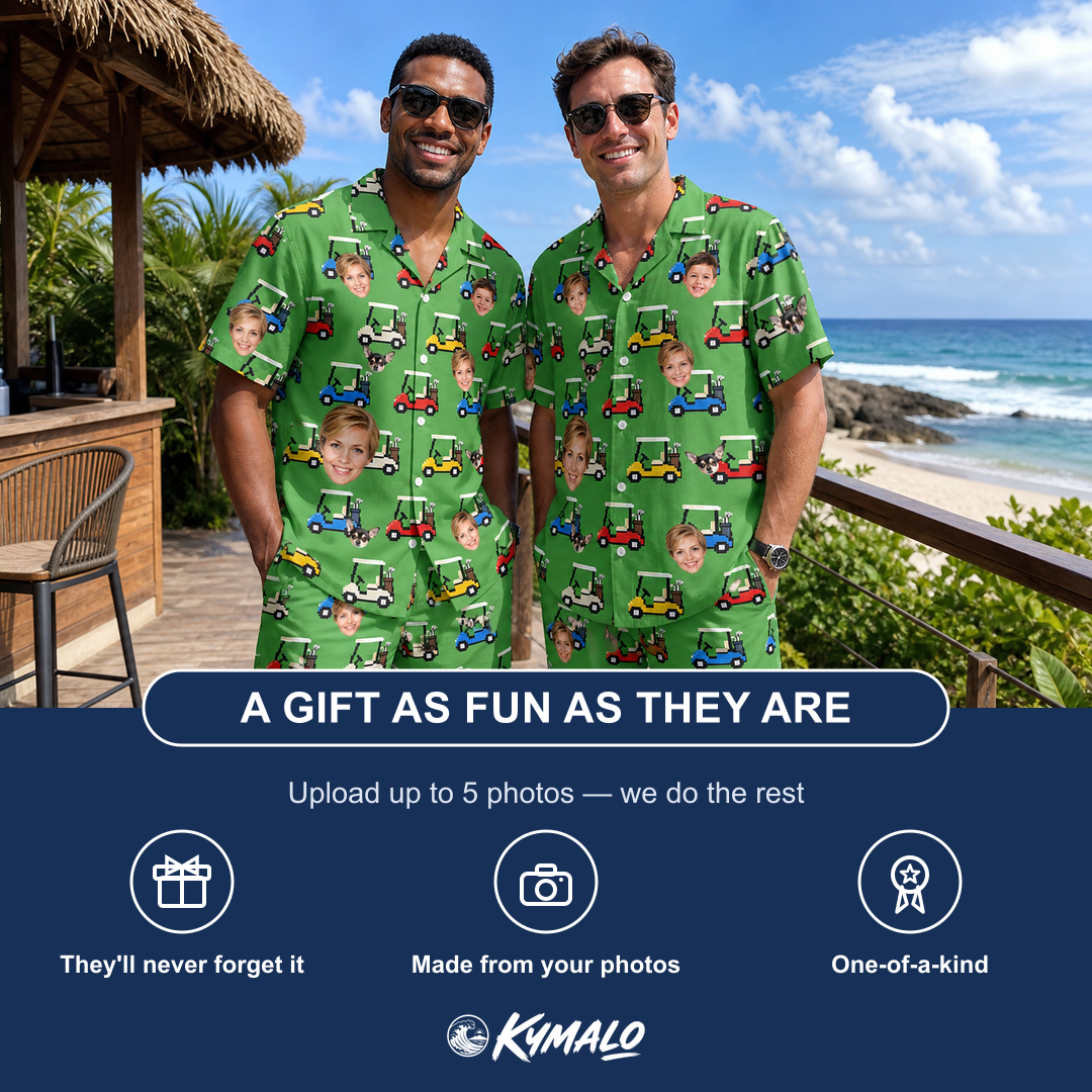 Friends in matching Men's Course Cruisers Custom Face Shirt & Shorts Set — a group gift photo