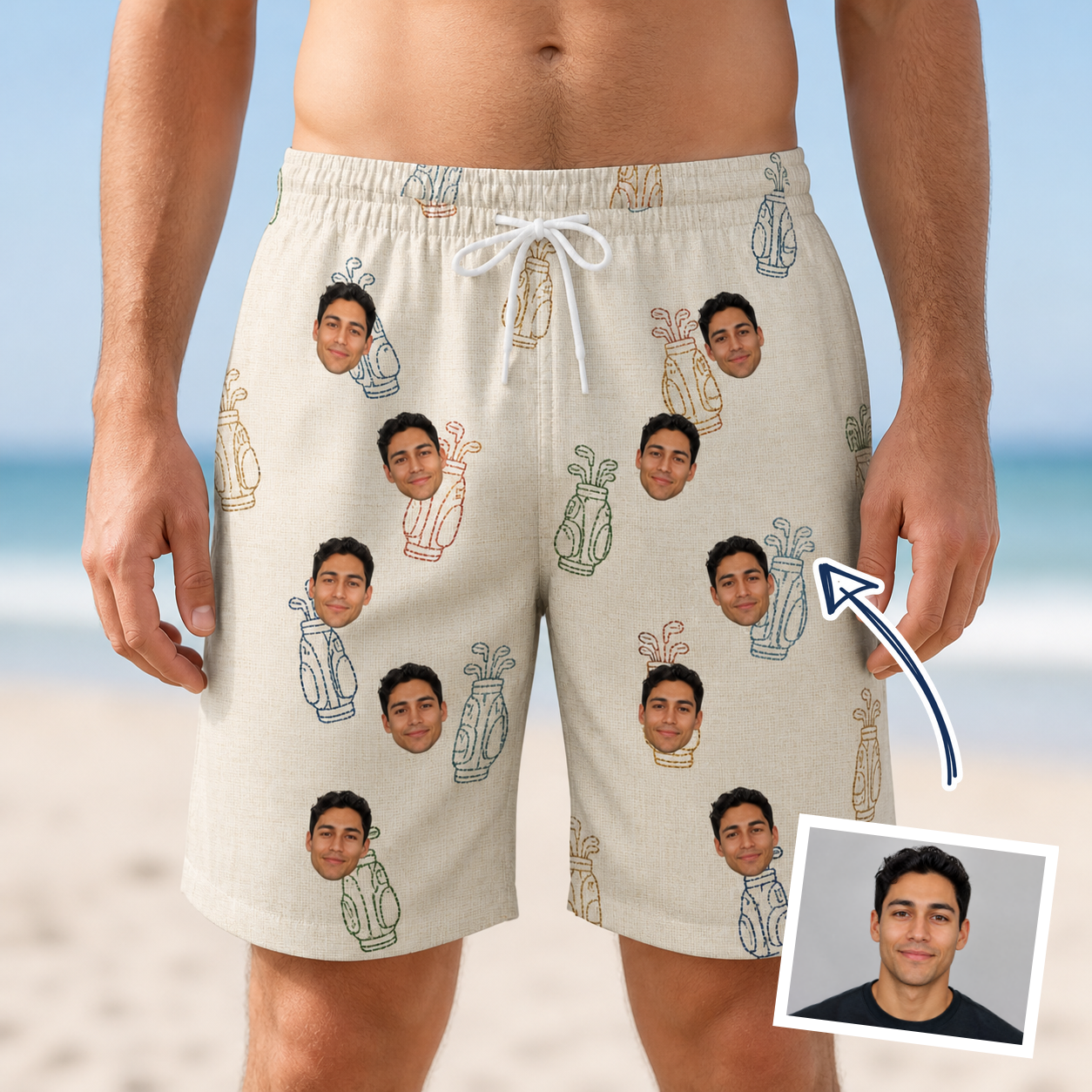 Man wearing Men's Links Luggage Custom Face Beach Shorts — custom faces printed all-over