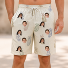 Model wearing Men's Links Luggage Custom Face Beach Shorts printed with kids' faces