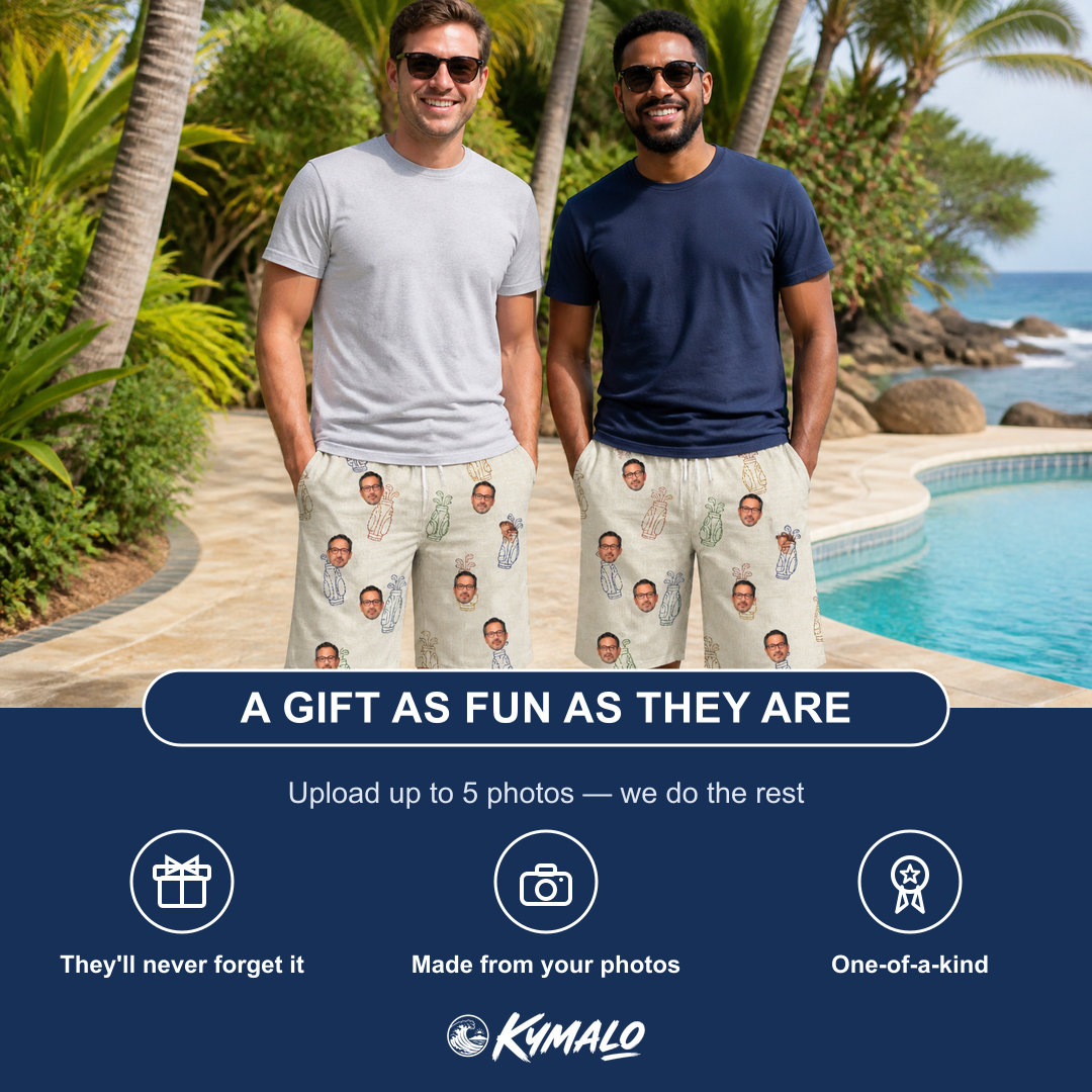 Friends in matching Men's Links Luggage Custom Face Beach Shorts — a group gift photo