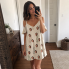 Real-life photo of someone wearing Women's Links Luggage Custom Face Off-Shoulder Dress — custom faces printed all-over