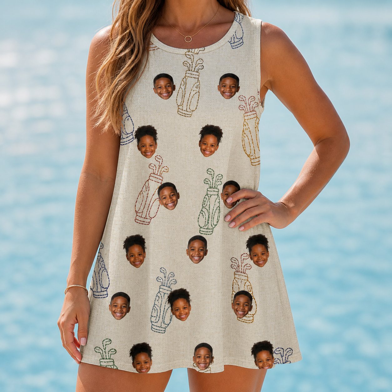Model wearing Women's Links Luggage Custom Face Tank Dress printed with kids' faces