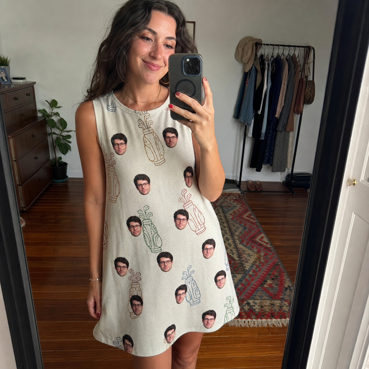 Real-life photo of someone wearing Women's Links Luggage Custom Face Tank Dress — custom faces printed all-over