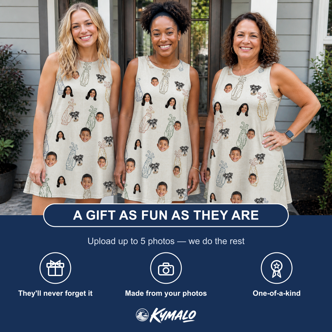 Friends in matching Women's Links Luggage Custom Face Tank Dress — a group gift photo
