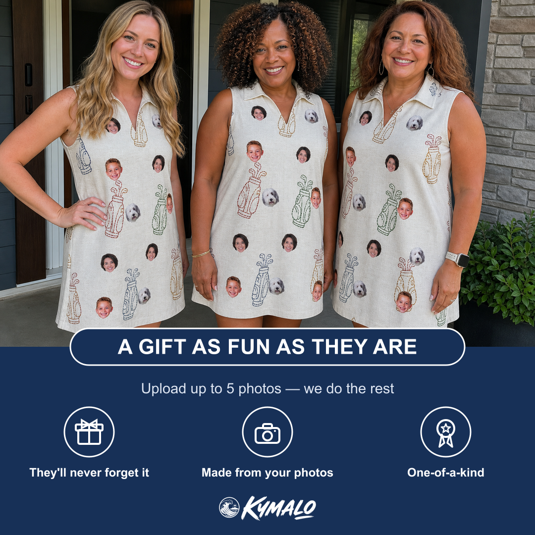 Friends in matching Women's Links Luggage Custom Face V-Neck Dress — a group gift photo