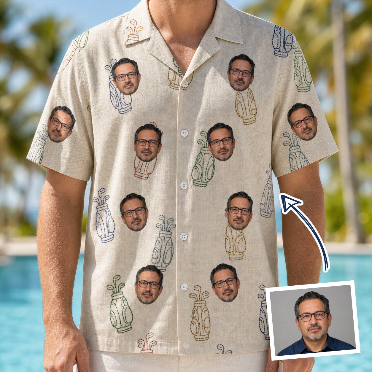 Man wearing Men's Links Luggage Custom Face Hawaiian Shirt — custom faces printed all-over