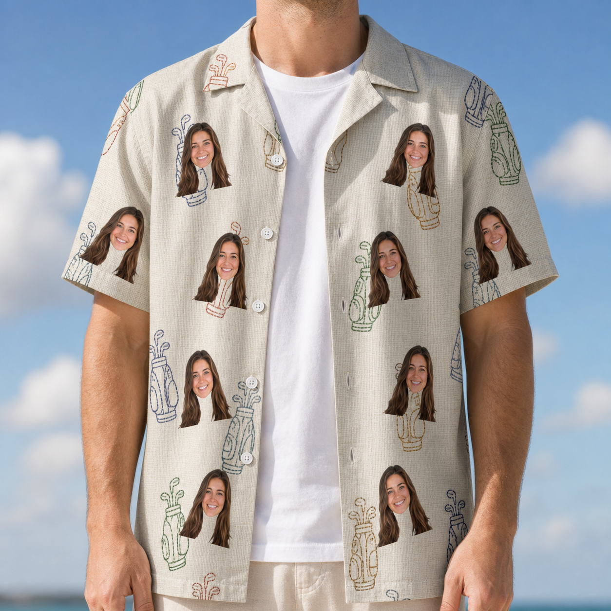 Man wearing Men's Links Luggage Custom Face Hawaiian Shirt open over a white tee