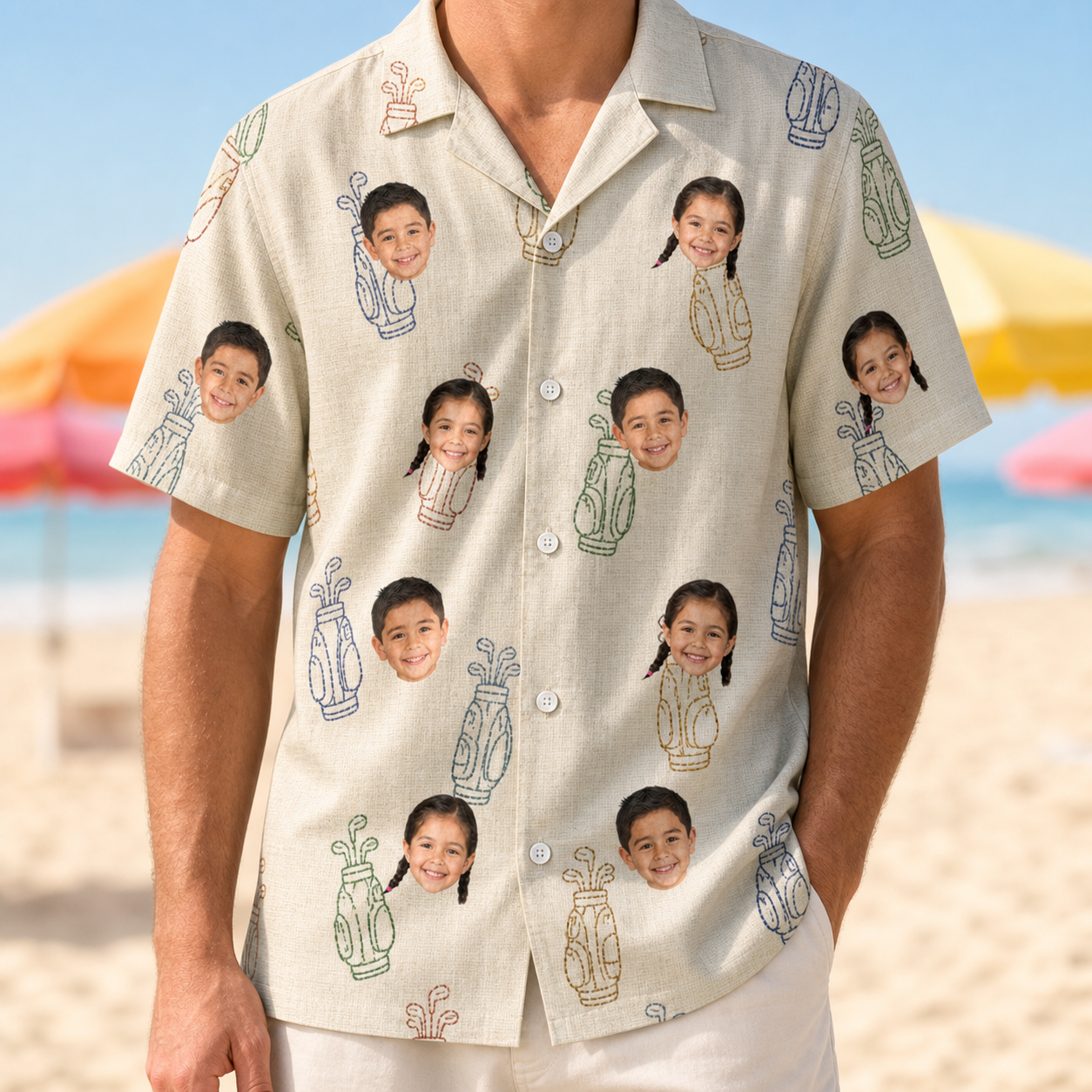 Model wearing Men's Links Luggage Custom Face Hawaiian Shirt printed with kids' faces