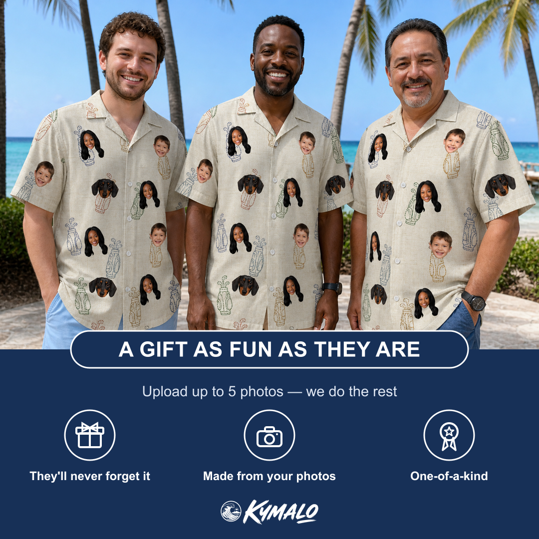 Friends in matching Men's Links Luggage Custom Face Hawaiian Shirt — a group gift photo